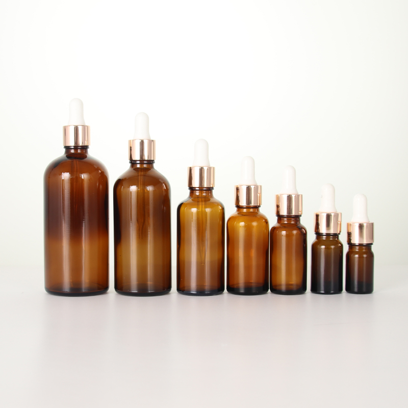  5ml 10ml 15ml 20ml 30ml 50ml 60ml 100ml Amber Skincare Glass Bottle with Golden Aluminum Dropper for Essential Oil