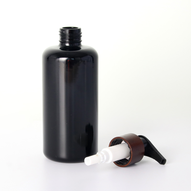 Black Glass Lotion Pump Bottle with Wooden Collar Wholesale